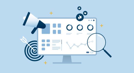 SEO analytics optimization desktop dashboard blue flat design.